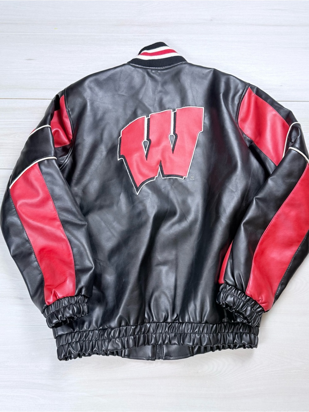90s vintage Wisconsin Badgers Red & Black Varsity Leather Jacket